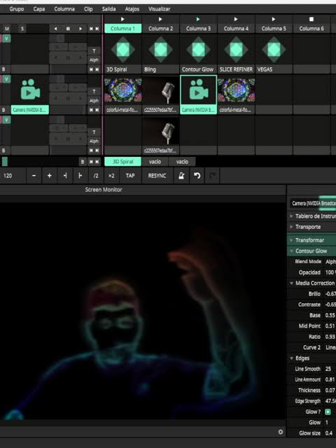Resolume Arena: Contour Glow turning a live camera feed into a glowing outline
