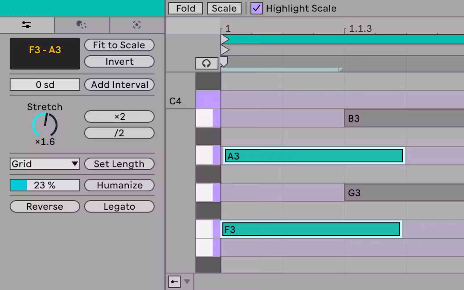 Ableton: MIDI notes in the piano roll